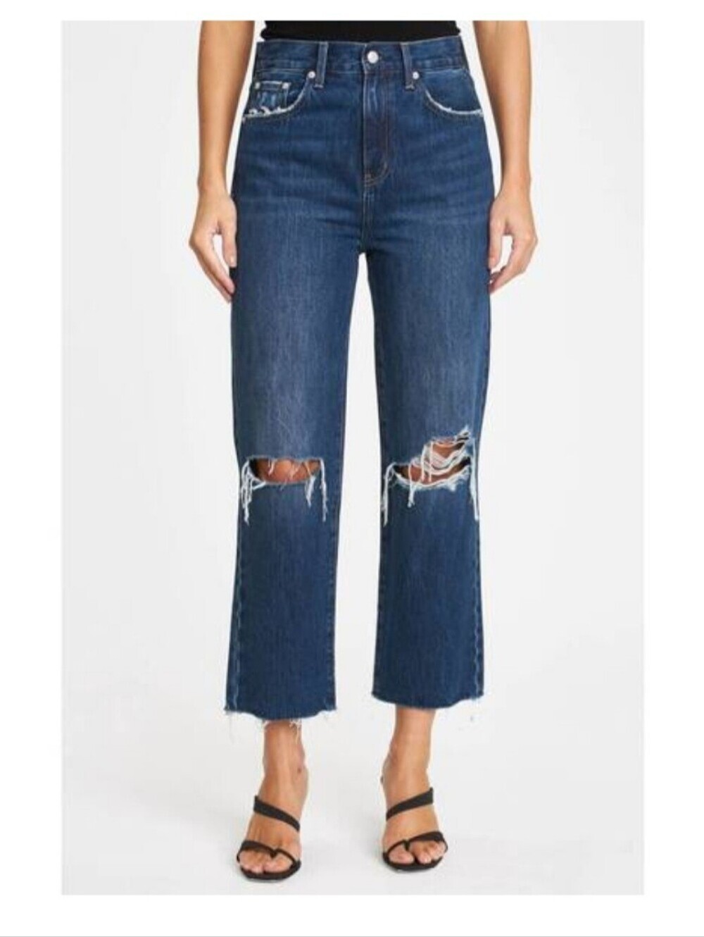 Pistola Cassie High Rise Straight Leg Cropped Distressed Jeans 26 Dark Wash - Picture 1 of 13